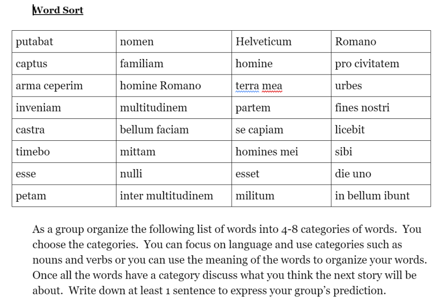 word sort table